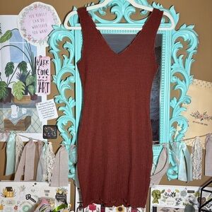 Womens Rust V-neck Ribbed Knit Sleeveless Mini Dress Sz.XS Lettuce Trim Autumnal